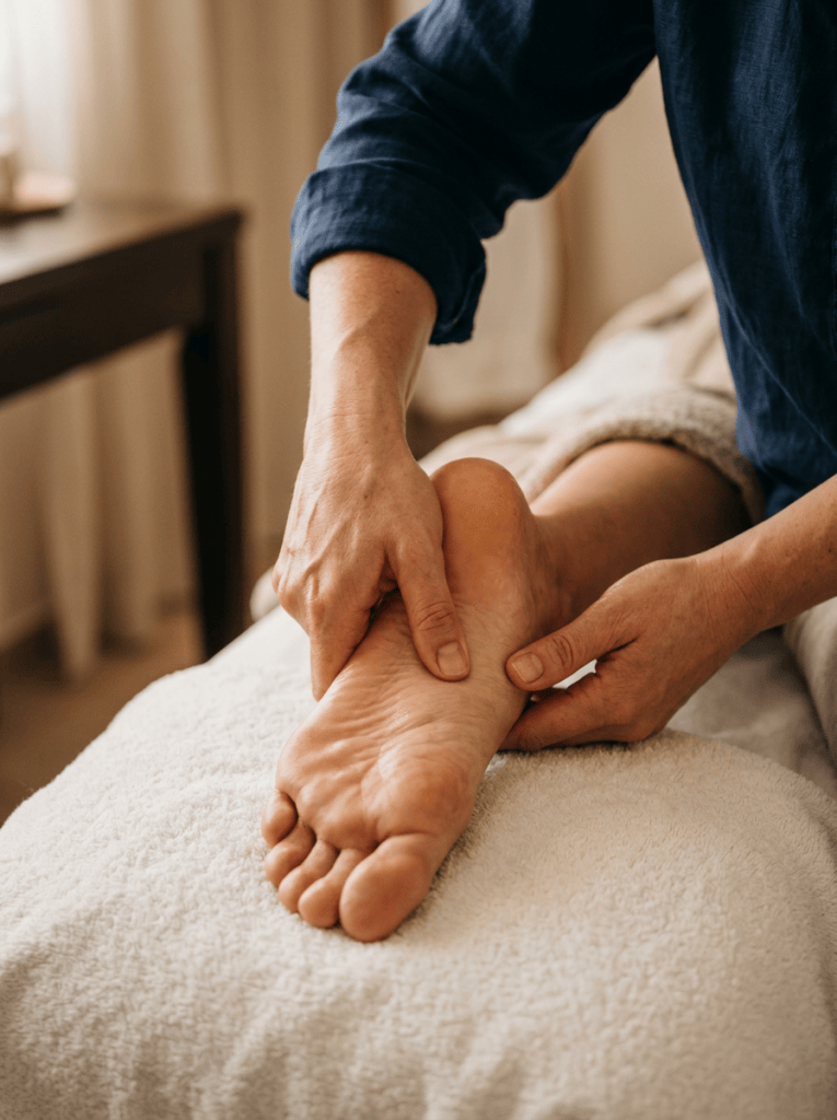 Person receiving a foot massage beside a flower-filled wooden spa basin